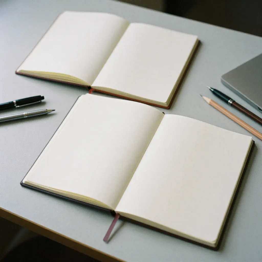 Artist workspace with sketchbooks and art supplies arranged beautifully